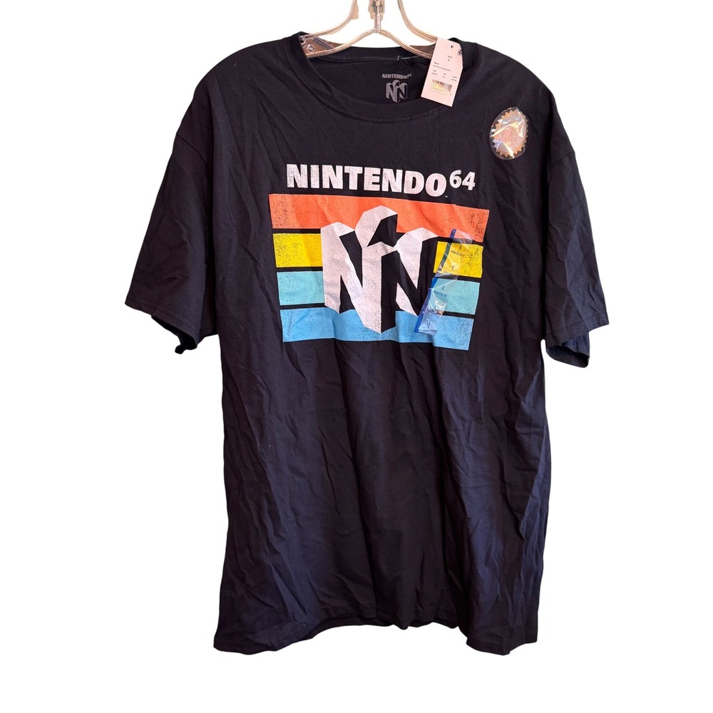 NWT Nintendo Unisex Retro Gaming N64 Striped Logo Graphic T-Shirt Black Large